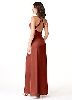 Azazie Geanna At-home Try On Dresses Matcha Sheath V-Neck Pleated Stretch Satin Dress image4