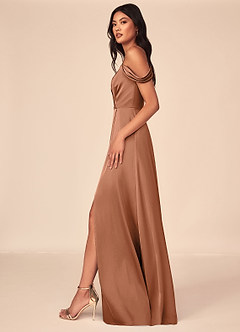 Azazie Ocean Bridesmaid Dresses Bronzer A-Line V-Neck Pleated Stretch Satin Dress image3