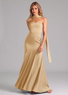Azazie Shiloh Bridesmaid Dresses Gold Mermaid Strapless Stretch Satin Convertible Dress image4
