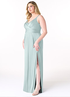 Azazie Aqua Bridesmaid Dresses Mist A-Line V-Neck Pleated Stretch Satin Dress image9