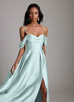 Azazie Loisa Abiti da Damigella Abito A-Line in Raso Elasticizzato a Spalla Scoperta Sea Glass image3