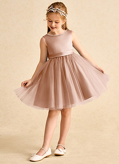 Azazie Jani Flower Girl Dresses Champagne Rose A-Line Bow Tulle Dress image5