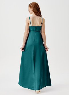Azazie Kaylee Junior Robe Trapèze en Satin extensible avec ceinture Paon image2
