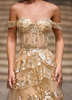 Glitz Champagne Robe de bal trapèze à volants image6