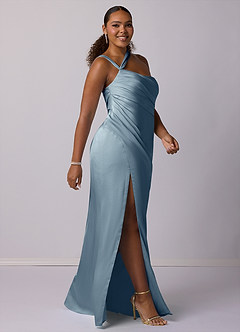 Barbie ♥ Azazie Bridesmaid Dresses Dusty Blue Mermaid One Shoulder Stretch Satin Dress image9