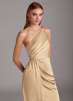 Azazie Mika Bridesmaid Dresses Champagne Sheath One Shoulder Stretch Satin Dress image7