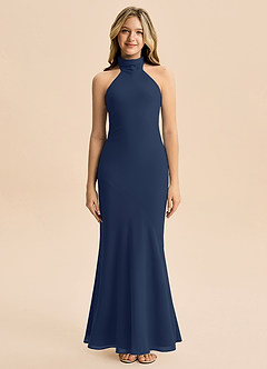 Azazie Velli Junior Vestido Azul Marinho de Chiffon de sereia com Pescoço alto image3