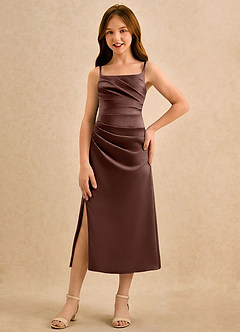 Azazie Canna Girls Formal Sukienki dla dziewczynek sypiących kwiaty Linia A Pofałdowany Satyna elastyczna Długość herbaty Sukienka image4