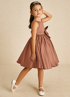 Azazie Apple Flower Girl Dresses Bronzer A-Line Bow Matte Satin Dress image3