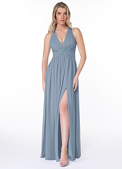 Azazie Jaclyn Bridesmaid Dresses Dusty Blue A-Line Pleated Chiffon Dress image1
