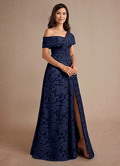 Azazie Milton Mother of the Bride Dresses Dark Navy A-Line Pleated Floral Burnout Dress image3
