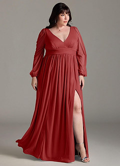 Azazie Norah Bridesmaid Dresses Rust A-Line V-Neck Long Sleeve Chiffon Dress image9