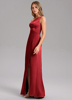 Azazie Phaedra Bridesmaid Dresses Scarlet A-Line One Shoulder Stretch Satin Dress image10