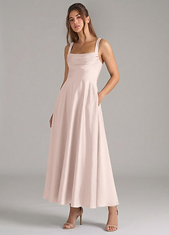 Azazie Shaude 신부 들러리 드레스 A라인 주름진 스트레치 새틴 발목 길이 드레스 image5