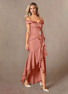Azazie Billings Mother of the Bride Dresses Salmon Pink Mermaid Off the Shoulder Stretch Satin Dress image5