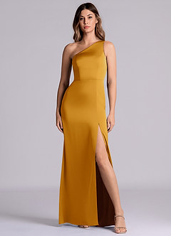 Azazie Philana Bridesmaid Dresses Butterscotch A-Line One Shoulder Stretch Satin Dress image4