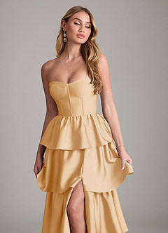 Azazie Faye Bridesmaid Dresses Gold A-Line Ruched Stretch Satin Dress image5