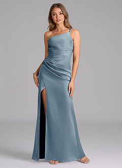 Azazie Eren Bridesmaid Dresses Dusty Blue Mermaid One Shoulder Stretch Satin Dress image1