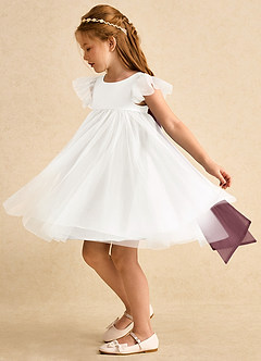 Azazie Munchkin Flower Girl Dresses Ivory Sangria A-Line Bow Tulle Dress image5