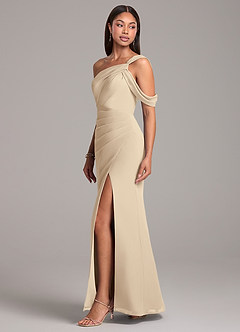 Azazie Wynter Bridesmaid Dresses Champagne Sheath Off the Shoulder Chiffon Dress image3