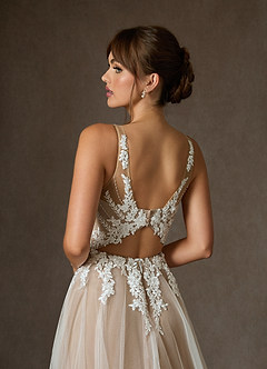 Azazie Goddess Wedding Dresses Diamond White Caramel A-Line V-Neck Sequins Tulle Dress image9