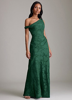 Azazie Emerson Vestidos de madrinha de casamento Vestido Verde Escuro de Esgotamento Floral de sereia com Fora do ombro image4