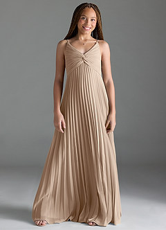Azazie Raychelle Junior Taupe A-Line Pleated Chiffon Dress image1