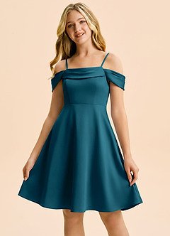 Azazie Anselie Junior Ink Blue A-Line Off the Shoulder Stretch Satin Dress image5