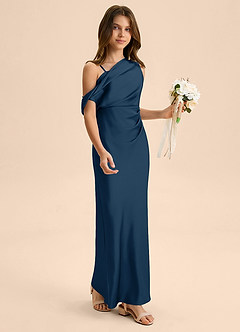 Azazie Emerson Junior Vestido de Azul Marino Oscuro de Satén Elástico de Corte Recto con Vestidos sin tirantes image5