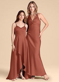 Azazie Prisha Junior Auburn A-Line Pleated Stretch Satin Dress image3