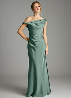 Azazie Emerson Bridesmaid Dresses Eucalyptus Mermaid Off the Shoulder Stretch Satin Dress image1