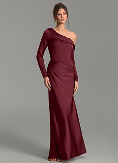 Azazie Sandra Vestidos de damas de honor Vestido Cabernet de Satén Elástico de Corte Sirena con Manga larga image5