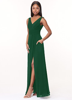 Azazie Karina Bridesmaid Dresses Dark Green A-Line Pleated Chiffon Dress image3