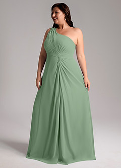 Azazie Brooke Robes de demoiselle d'honneur Robe Trapèze en Mousseline de soie Ue épaule Matcha image12