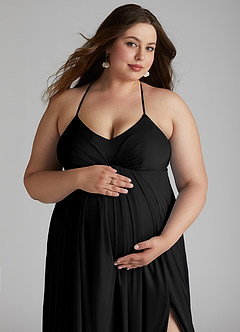 Azazie Annabelle vestidos de dama de honor de maternidad Vestido de Acampanado Cuello en V plisado Largo hasta el piso Malla image11