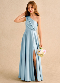 Azazie Puddles Girls Formal Abiti da Ragazza di Fiori Abito A-Line in Raso Elasticizzato Monospalla Azzurro image3
