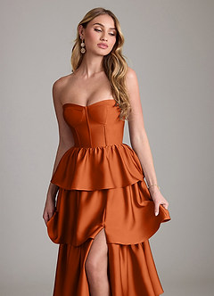 Azazie Faye Bridesmaid Dresses Burnt Orange A-Line Ruched Stretch Satin Dress image5