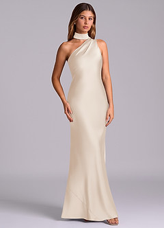 Azazie Seona Robes de demoiselle d'honneur Robe Sirène en Satin extensible Une épaule Albâtre Blanc image3