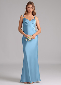 Azazie Suttona Bridesmaid Dresses Steel Blue A-Line Pleated Stretch Satin Dress image6