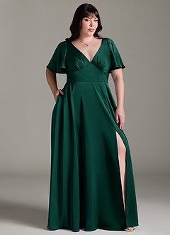 Azazie Kimber Bridesmaid Dresses Emerald A-Line Ruched Stretch Satin Dress image9
