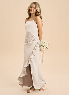 Azazie Buzzy Junior Jurk van Stretch Satijn met Kolom Geplooid Wit Albast image6