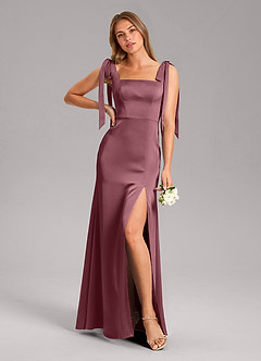 Azazie Frostine Bridesmaid Dresses Desert Rose A-Line Bow Stretch Satin Dress image1