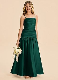 Azazie Romi Junior Emerald A-Line Pleated Stretch Satin Dress image1