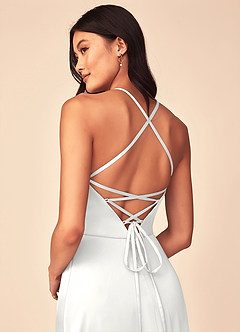 Azazie Mei Bridesmaid Dresses White A-Line V-Neck Stretch Satin Dress image3