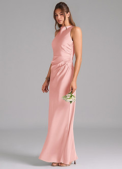 Azazie Evadne 신부 들러리 드레스 쉬스 주름진 스트레치 새틴 바닥 길이 드레스 image1