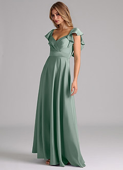 Azazie Leilani Robes de demoiselle d'honneur Robe Trapèze en Satin extensible Rayé Sauge D'argent image8