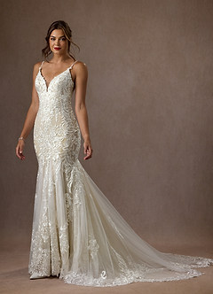 Azazie Camlynn Wedding Dresses Diamond White Nude Mermaid V-Neck Sequins Tulle Dress image3
