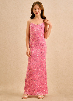 Azazie Nini Girls Formal vestidos de niña de las flores Vestido de Rosa Caramelo de Lentejuelas de Corte Recto image5