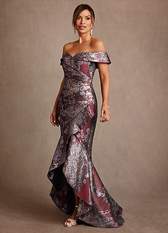 Azazie Winnetka Moeder van de bruid jurken Zeemeermin Jurk van Bloemenjacquard Off the Shoulder Merlot Bloemig image3