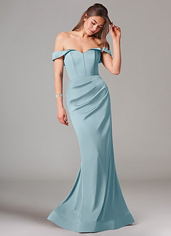 Azazie Everly Jurken voor bruidsmeisjes Converteerbaar Jurk van Stretch Satijn met Zeemeermin Off the Shoulder Mystiek Blauw image6